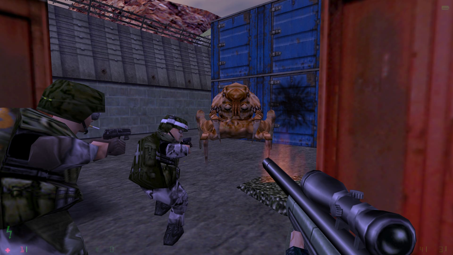 A screenshot from Half-Life: Opposing Force. A Hazardous Environment Combat Unit engineer and a medic fight off a voltigore alongside the player.